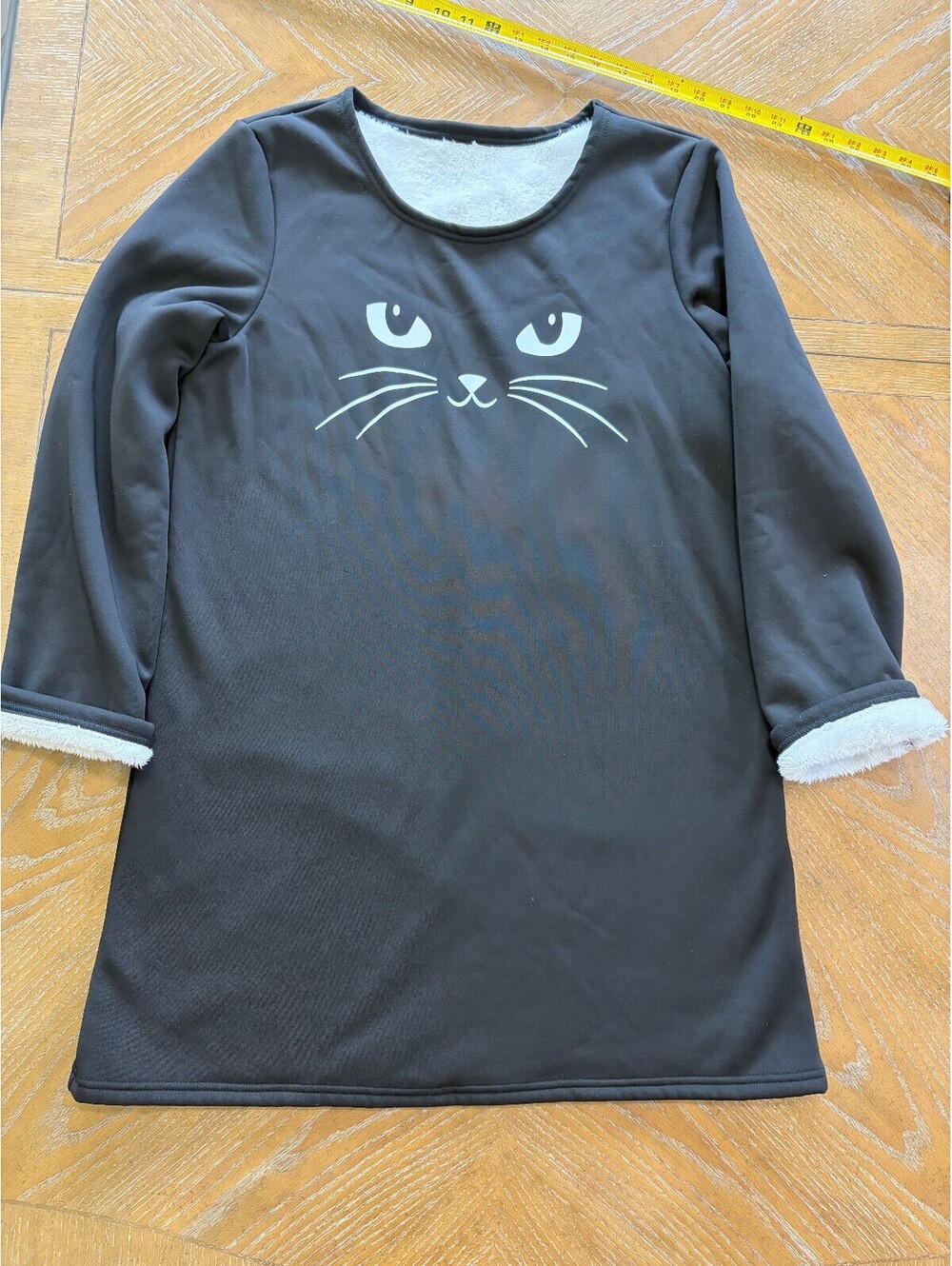 Cozy Black Cat Face Long Sleeve Dress with Fleece Lining